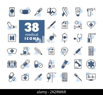 Medicina e assistenza sanitaria, icone di supporto medico set Foto Stock