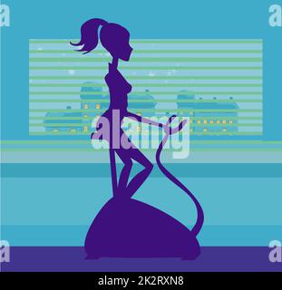 Ragazza fitness silhouette sulla cyclette Foto Stock