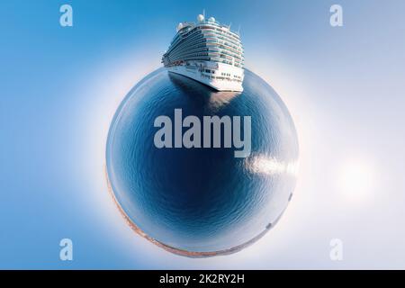Nave passeggeri da crociera sulla cima del piccolo pianeta. Panorama sferico Foto Stock
