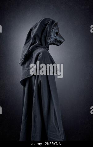 Lupo in cappio di notte su sfondo scuro e nebuloso Foto Stock