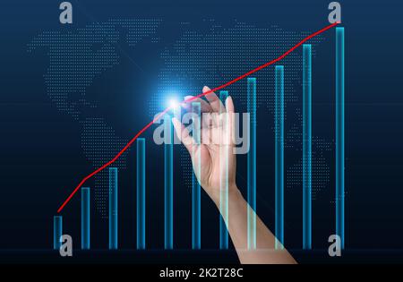 Grafico olografico con tassi e indicatori in aumento. Concetto di crescita aziendale, elevata redditività, avvio di successo. La crescita del tasso di cambio Foto Stock