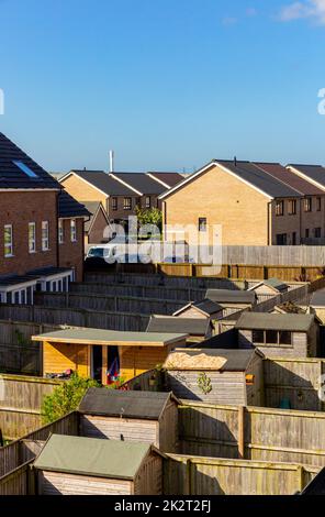 Vista sui giardini sul retro di un nuovo sviluppo di alloggi nel Regno Unito. Foto Stock