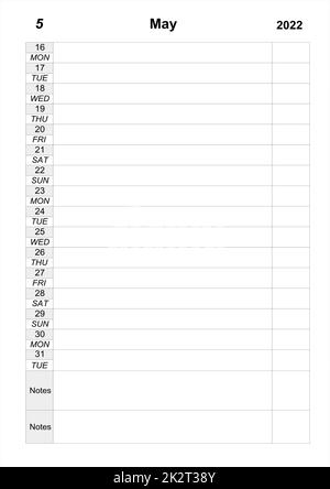 Agenda per maggio 2022. Programma per il mese. organizzatore di lavoro Foto Stock