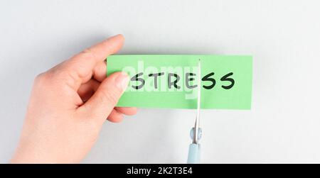 La parola stress è in piedi su una carta, tagliando la parola con le forbici, burnout concetto, equilibrio della vita lavorativa, ripartizione per esaurimento Foto Stock