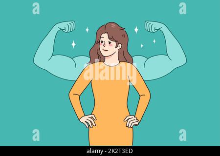 Donna fiduciosa con braccia muscolari dietro Foto Stock