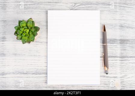 Carta vuota con una penna e uno sfondo testurizzato cactus, brainstorming per nuove idee, scrivere un messaggio, fare una pausa, ufficio a casa Foto Stock