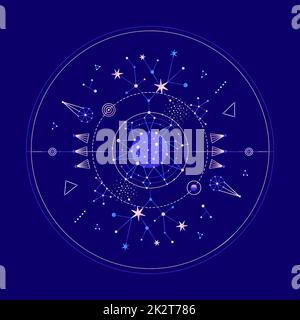 Misteriosa composizione spaziale rotonda con pianeti e stelle. Illustrazione vettoriale sul tema dell'astrologia, dell'astronomia Foto Stock