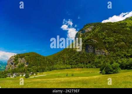 Colline montagne con foresta in Alpi, Vaduz, Oberland, Liechtenstein Foto Stock