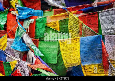 La preghiera buddista bandiere lungta con preghiere, Ladakh Foto Stock