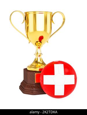 Trofeo Gold Cup e calcio pallone con bandiera della Svizzera Foto Stock