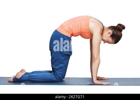 Bella sportiva montare yogini donna le pratiche yoga asana marjariasana Foto Stock