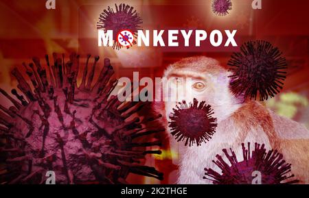 Concetto di epidemia di Monkeypox. Monkeypox è causato dal virus monkeypox. Monkeypox è una malattia zoonotica virale. Virus trasmesso agli esseri umani da animali. Le scimmie possono ospitare il virus e infettare le persone. Foto Stock