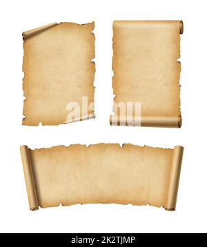 Vecchio set di scroll di carta pergamena isolato su bianco. Striscioni orizzontali e verticali Foto Stock