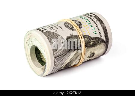 Rotolo di cento dollari fatture isolato Foto Stock