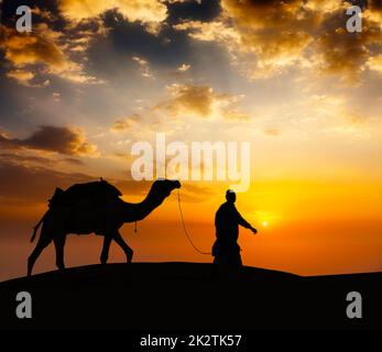 Camelista con cammello nelle dune del deserto Foto Stock