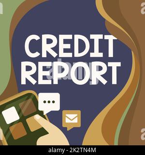 Scrittura con testo Credit Report. Parola scritta su prestito Rap foglio Bill e quote di pagamento Punteggio di debito Storia del dito premere il pulsante di applicazione presentare Global Network Connection. Foto Stock