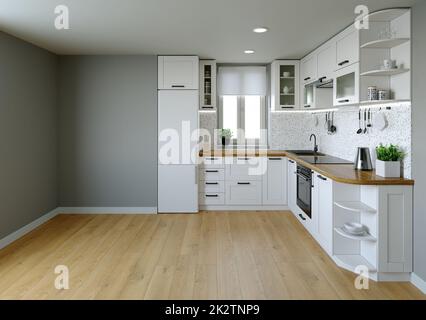 Cucina interier. 3D rendering di una cucina luminosa. Foto Stock