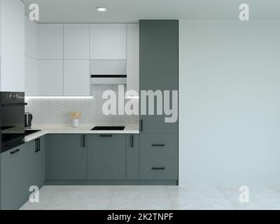 Cucina interier. 3D rendering di una cucina luminosa. Foto Stock