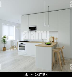 Cucina interier. 3D rendering di una cucina luminosa. Foto Stock