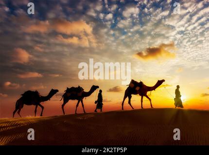 Due cameleers camel driver con i cammelli di dune del Thar deser Foto Stock