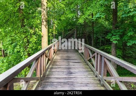 Ponte di legno che porta alla collina di Vytautas, Birstonas, Lituania Foto Stock