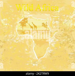 Grunge background con la giraffa silhouette su abstract africana di fauna e flora selvatiche Foto Stock