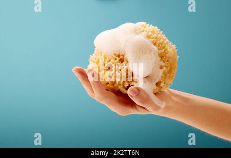 Crop donna con spugna di mare naturale in mano Foto Stock