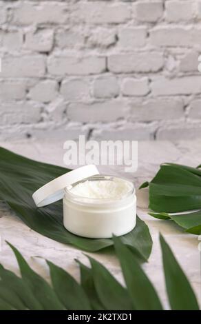 Vaso bianco e foglie di mostera su tavola di marmo da vicino. Modello di imballaggio del marchio Foto Stock