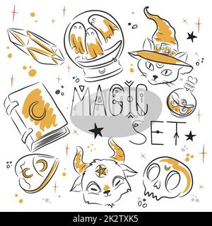 Set magico, iscrizione scritta a mano, accessori magici e oggetti per la magia, disegno stile doodle su uno sfondo bianco Illustrazione Vettoriale