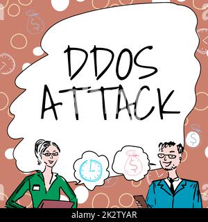 Didascalia di testo che presenta un attacco DDoS. L'autore di foto concettuali cerca di rendere le risorse di rete non disponibili membri del team che guardano a Whiteboard Brainstorming New Solutions. Foto Stock