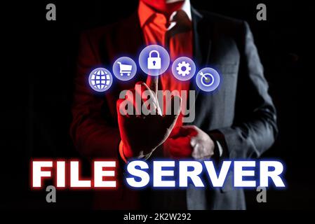 Scrittura del file server di testo visualizzato. Dispositivo di concetto aziendale che controlla l'accesso ai dati memorizzati separatamente -47747 Foto Stock
