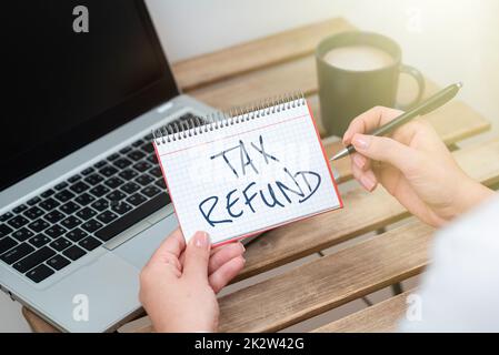 Visualizzazione concettuale rimborso fiscale. Foto concettuale applicata quando la responsabilità di denaro è inferiore a quella dei colleghi pagati seduti sulla scrivania con notebook Papers che mostrano grafici conversazione Foto Stock
