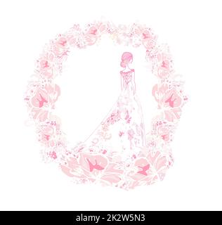 bella carta ornata floreale con sposa elegante Foto Stock