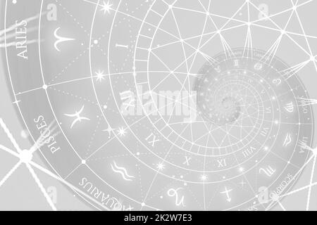 Sfondo astrologico con segni zodiacali e simboli. Foto Stock