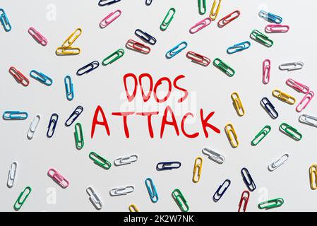 Scrittura visualizzazione di testo attacco DDoS. Concetto che significa che l'autore cerca di rendere la risorsa di rete non disponibile -47369 Foto Stock