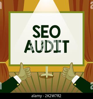 Segno di scrittura a mano Seo Audit. Parola scritta su Search Engine Optimization convalida e verifica processo mani pollice in su mostrando nuove idee. Piani di presentazione delle note di trasporto Palms Foto Stock