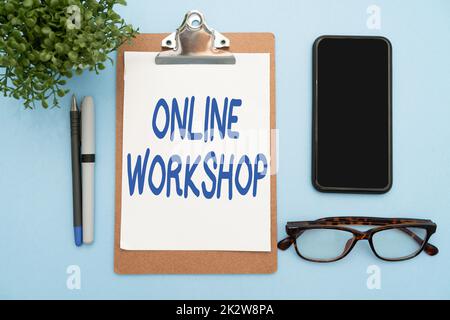 Testo che mostra il workshop online di ispirazione. Vetrina aziendale mostra di beni e materie prime sui siti web elettronici flashy School Office forniture, insegnare Collezioni di apprendimento, Strumenti di scrittura Foto Stock