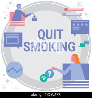 Cartello con scritta Quit Smoking. Parola per interrompere o arrestare l'uso di tabacco dipendenza colleghi che hanno riunione in linea che discute i piani di progetto futuri. Foto Stock