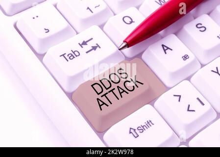 Scrittura visualizzazione di testo attacco DDoS. Internet Concept perpetuator cerca di rendere la risorsa di rete non disponibile -48553 Foto Stock