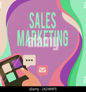Didascalia di testo che presenta Sales Marketing. Idea di business Presentazione di prodotti o servizi per ottenere acquistato Finger premendo il pulsante applicazione Presentazione Global Network Connection. Foto Stock