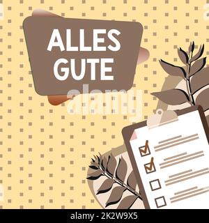 Testo che mostra l'ispirazione Alles Gute. Business Concept traduzione tedesca tutto il meglio per compleanno o qualsiasi occasione Clipboard disegno con Checklist segnato Done elementi sulla lista. Foto Stock
