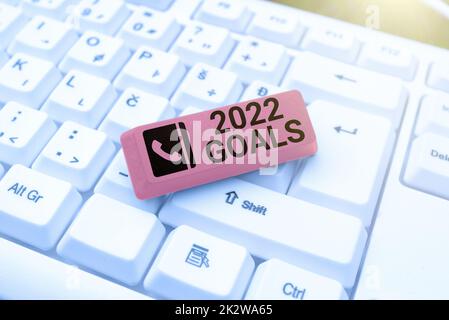 Testo della scrittura a mano 2022 obiettivi. Parola scritta su Un piano per fare qualcosa di nuovo e migliore per il prossimo anno -47107 Foto Stock