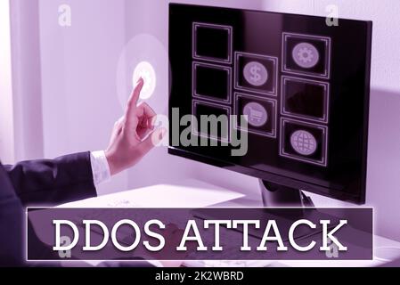 Scrivere a mano segno attacco DDoS. Internet Concept perpetuator cerca di rendere la risorsa di rete non disponibile -47380 Foto Stock