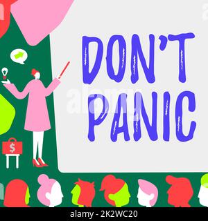 Visualizzazione concettuale Don T not Panic. Parola per improvvisa forte sensazione di paura impedisce ragionevole pensiero Lady indicando sfondo presentando le strategie finanziarie più recenti successfull. Foto Stock