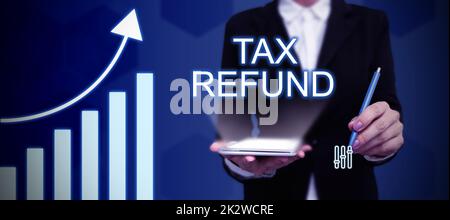Visualizzazione concettuale rimborso fiscale. La foto concettuale applicata quando la responsabilità di denaro è inferiore a quella pagata un uomo d'affari in tuta che tiene un tablet simbolizzando il lavoro di squadra di successo. Foto Stock