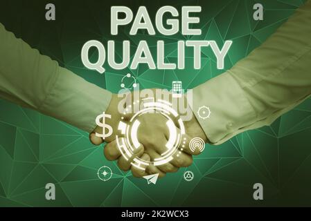 Segno che mostra la qualità della pagina. Vetrina di business efficacia di un sito web in termini di aspetto e la funzione mani che scuotono la presentazione di idee innovative piano simboleggiare il lavoro di squadra. Foto Stock