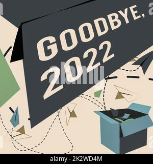 Scrittura visualizzazione testo Arrivederci 2022. Internet Concept New Year Eve Milestone Last Month Celebration Transition Open Box con Flying Paper Planes che presenta nuove idee gratuite Foto Stock