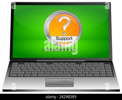 Computer portatile con pulsante di supporto arancione sul desktop verde - illustrazione 3D Foto Stock