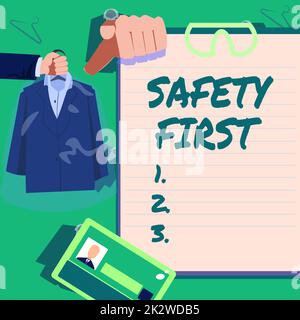 Cartello con prima la scritta sicurezza. Approccio aziendale evitare qualsiasi rischio non necessario vivere in modo sicuro prestare attenzione mani uniformi mostrando nuove opportunità di carriera aperta. Foto Stock