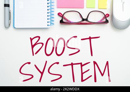 Simbolo di testo che mostra il sistema Boost. Business idea ringiovanire aggiornamento rafforzare essere più sano approccio olistico flashy School Office forniture, insegnare Collezioni di apprendimento, Strumenti di scrittura Foto Stock